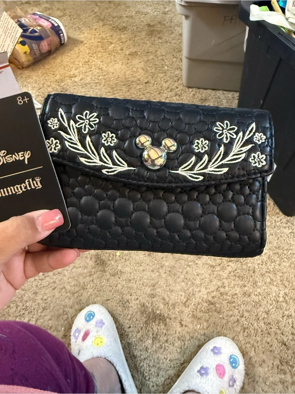 Loungefly Black Quilted Floral Embroidered Wallet with Gold Mickey Accent